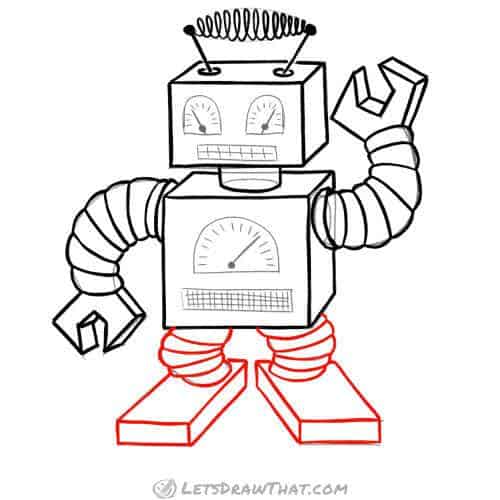 Drawing step: Outline the legs and feet