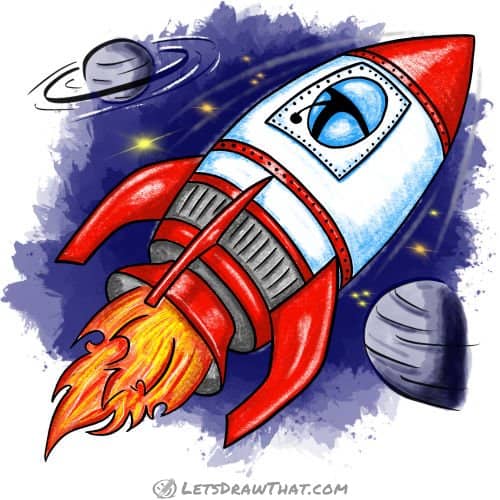 How to draw a rocket: finished drawing coloured in
