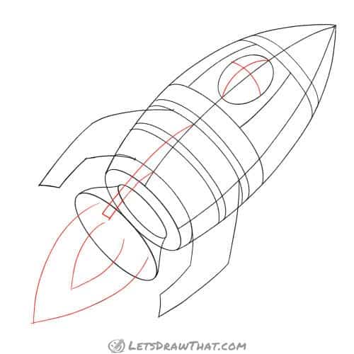 Drawing step: Sketch the top fin and exhaust flames