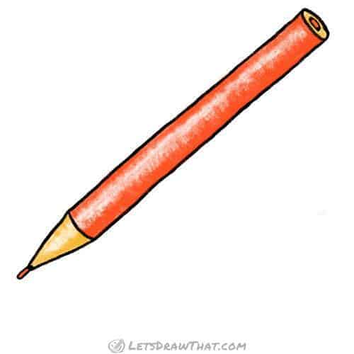 How to draw a round pencil: finished drawing coloured-in