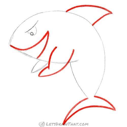 Drawing step: Outline the fins, tail and mouth