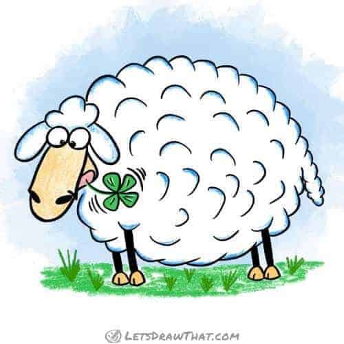 How to draw a sheep: finished drawing coloured-in