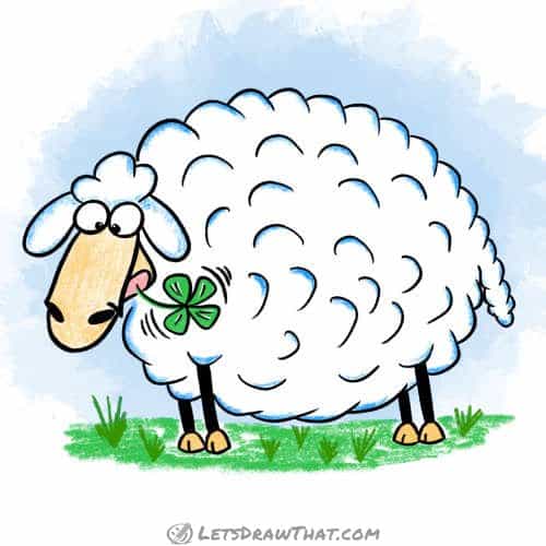 How to draw a sheep: finished drawing coloured-in