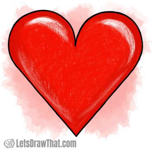 How to draw a simple heart: finished drawing coloured-in