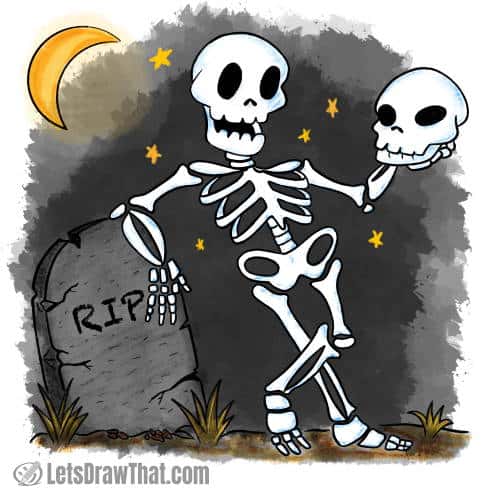 How to draw a skeleton: finished drawing coloured-in