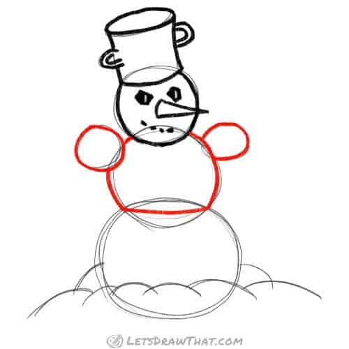 Drawing step: Draw the snowman’s arms and body