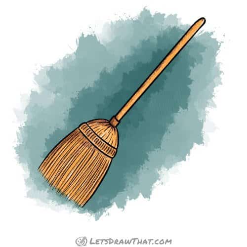 How to draw a broom: finished straw broom drawing coloured-in