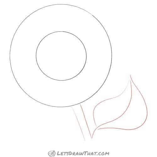 Drawing step: Sketch the sunflower stem and leaf