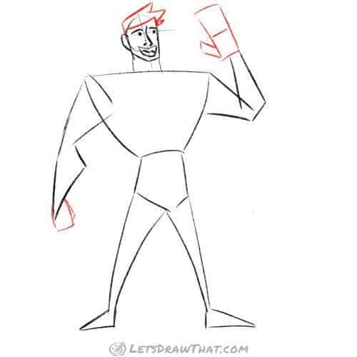 Drawing step: Finish the sketch with hands and hair