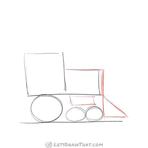 Drawing step: Sketch the cowcatcher and piston
