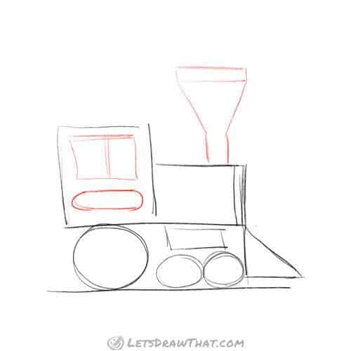 Drawing step: Sketch the smoke-box and cabin details