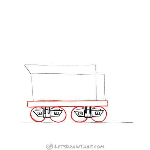 Drawing step: Outline the wheels and base of the tender