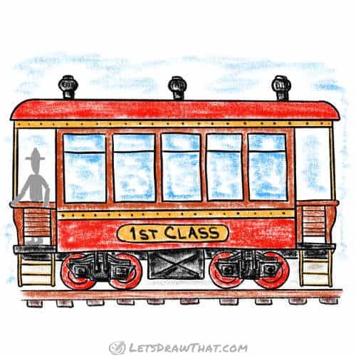 How to draw a train passenger wagon: finished drawing coloured-in