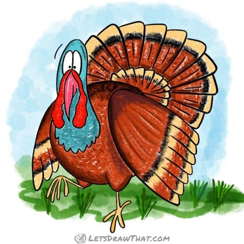 How to draw a turkey: finished drawing coloured-in