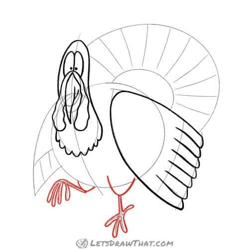 Drawing step: Draw the turkey's legs and feet