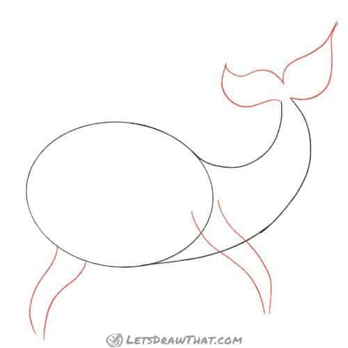Drawing step: Sketch the whale's flippers and tail