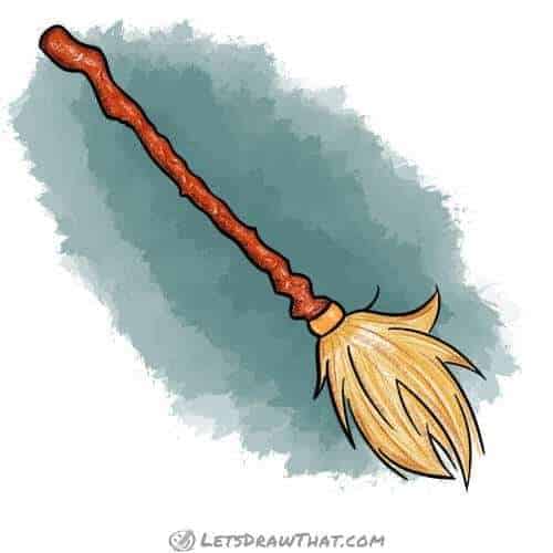 How to draw a broom: finished witch's broomstick drawing coloured-in
