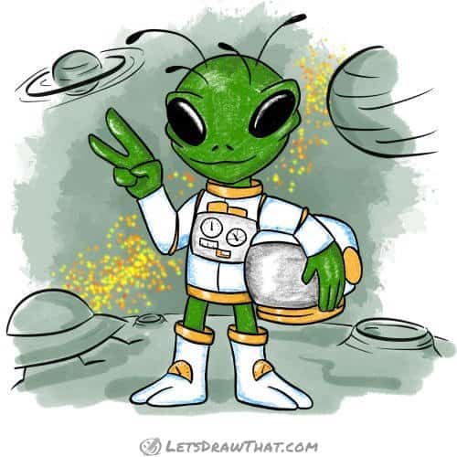 How to draw an alien: finished drawing coloured-in