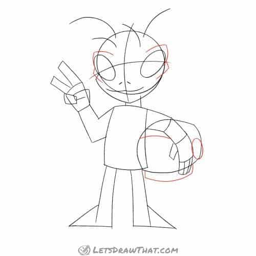 Drawing step: Add details to the alien's face and helmet