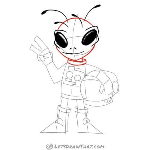 Drawing step: Draw the alien's head and neck