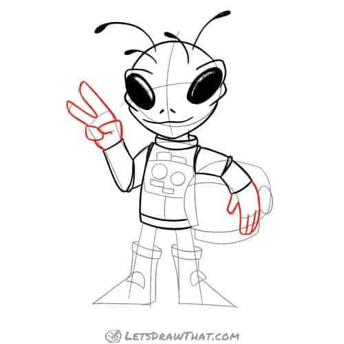 Drawing step: Draw the alien's hands