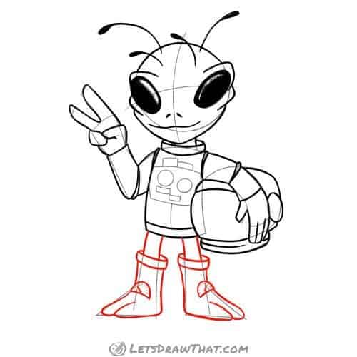 Drawing step: Draw the alien's legs and boots