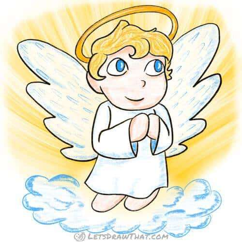 How to draw an angel: finished drawing coloured-in