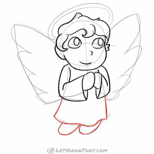 Drawing step: Finish the long shirt and draw legs