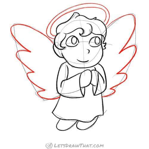 Drawing step: Draw the angel’s wings and halo