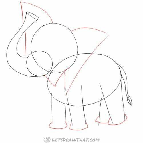Drawing step: Sketch the elephant's ears, mouth and feet