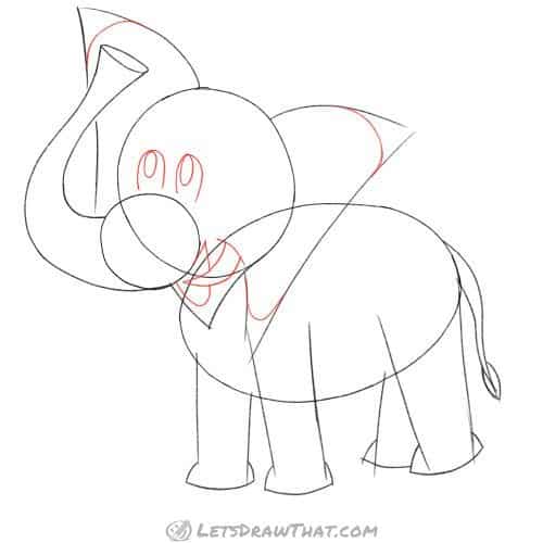Drawing step: Round off the ears, and sketch the eyes, mouth and tusk
