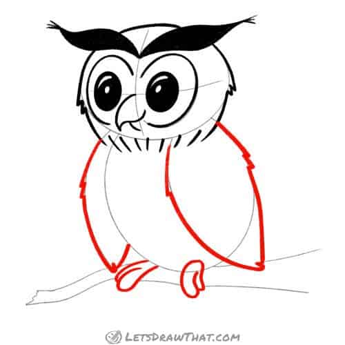 Drawing step: Draw the owl's wings and feet