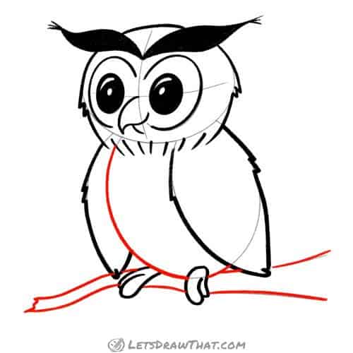 Drawing step: Finish drawing the owl's body and the tree