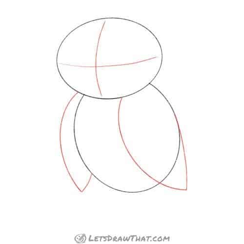 Drawing step: Sketch the wings and mark the face