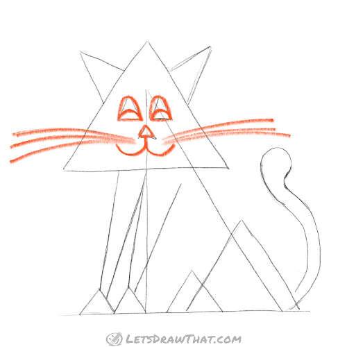 Drawing step: Draw the cat face – eyes, mouth and whiskers
