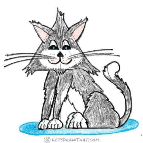 How to draw a cat from triangles: finished coloured-in drawing