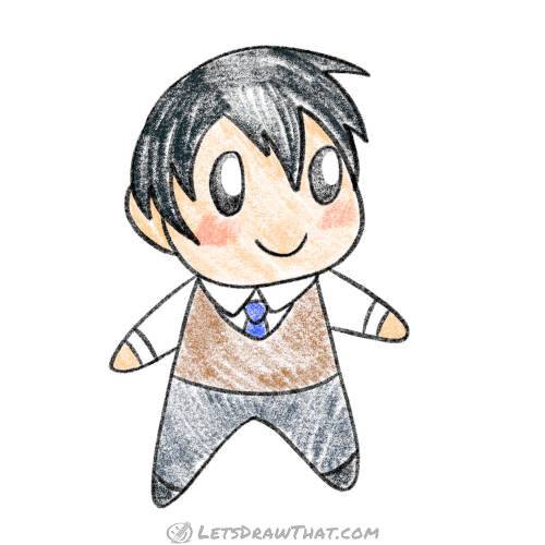 Drawing step: Colour in the chibi boy