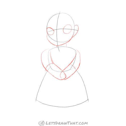 Drawing step: Add the eyes, chin, ear and arms
