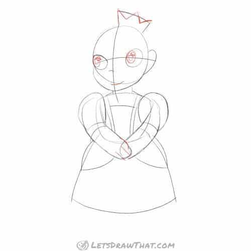 Drawing step: Add details to the crown, eyes and hands