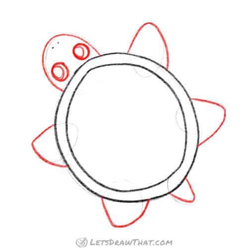 Drawing step: Draw the turtle's head and feet