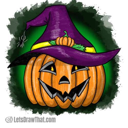 Pumpkin in a witch hat Halloween drawingPumpkin in a witch hat Halloween drawing