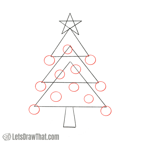Drawing step: Decorate the Christmas tree with baubles