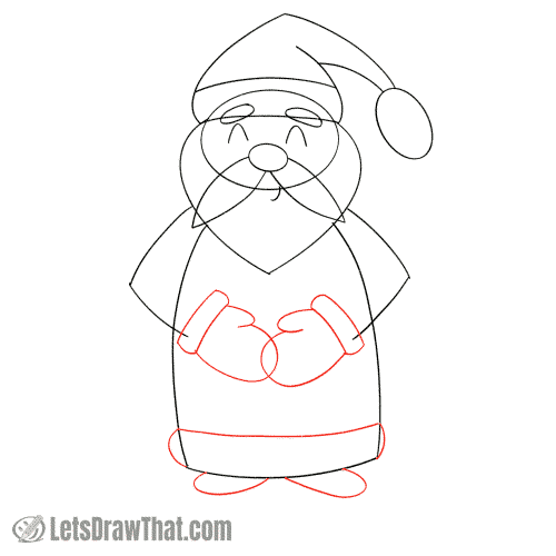 Drawing step: Draw Santa's mitten gloves and shoes