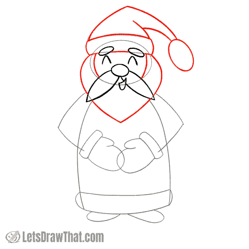 Drawing step: Draw Santa’s hat and beard