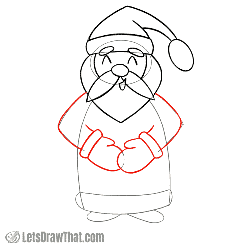 Drawing step: Draw Santa's arms and mittens