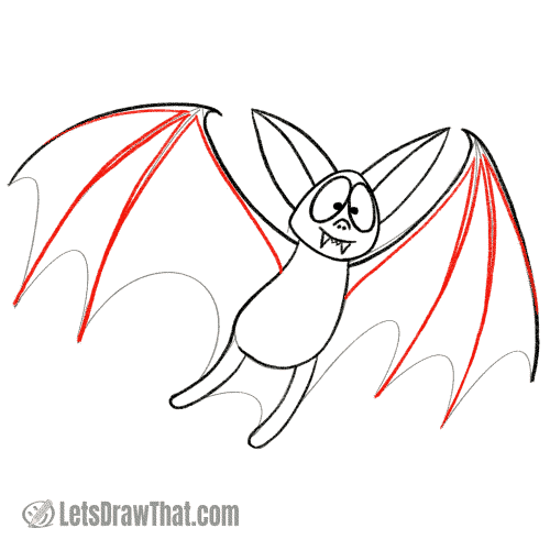 Drawing step: Draw the bat's wing skeleton - arms and fingers