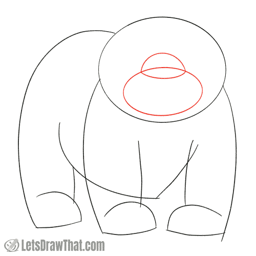 Drawing step: Sketch the bear's muzzle and nose
