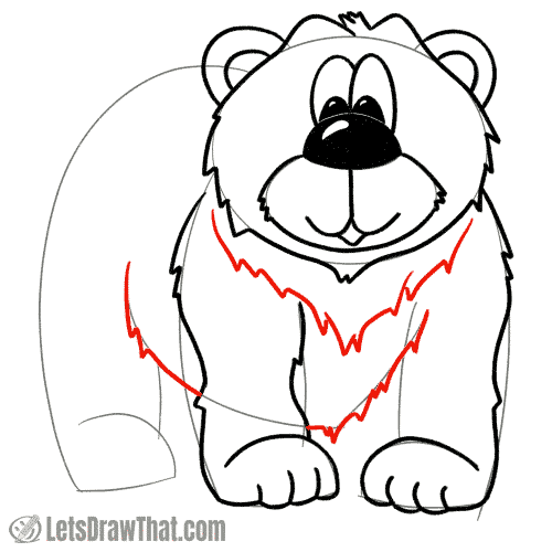 Drawing step: Draw the bear's chest, belly line, and the collar hair