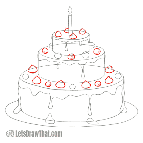 Drawing step: Add detail to the decorations on the cake