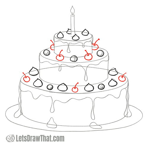 Drawing step: Draw some cherries on the cake